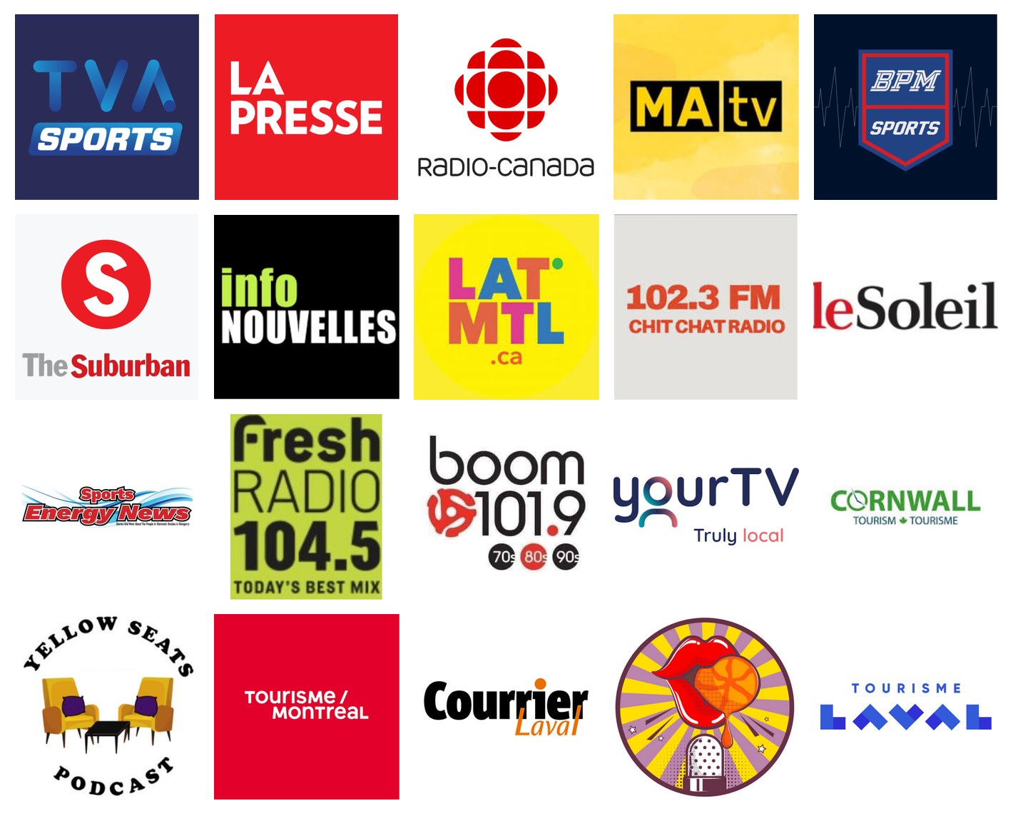 Logos des médias qui ont couvert FTC : TVA Sports, La Presse, Radio-Canada, MATV, BPM Sports, The Suburban, InfoNouvelles, LaMTL, 102.3 Chit Chat Radio, Le Soleil, Sports Energy News, Fresh Radio 104.5, Boom 101.9, yourTV, Cornwall Tourism, Yellow Seats Podcast, Tourisme Montréal, Courrier Laval, Monde de Tangerine et Tourisme Laval