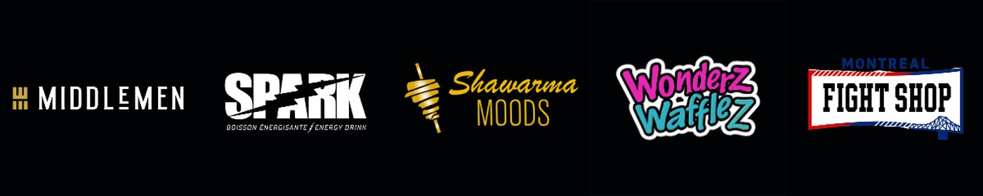 Logos des partenaires de FTC : Middlemen, Spark, Shawarma Moods, Wonderz Wafflez et MTL Fight Shop